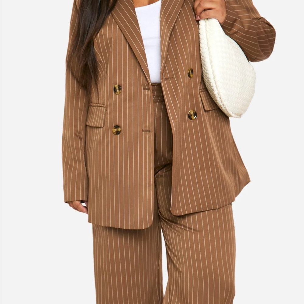 Boohoo Plus Tan Striped Pantsuit